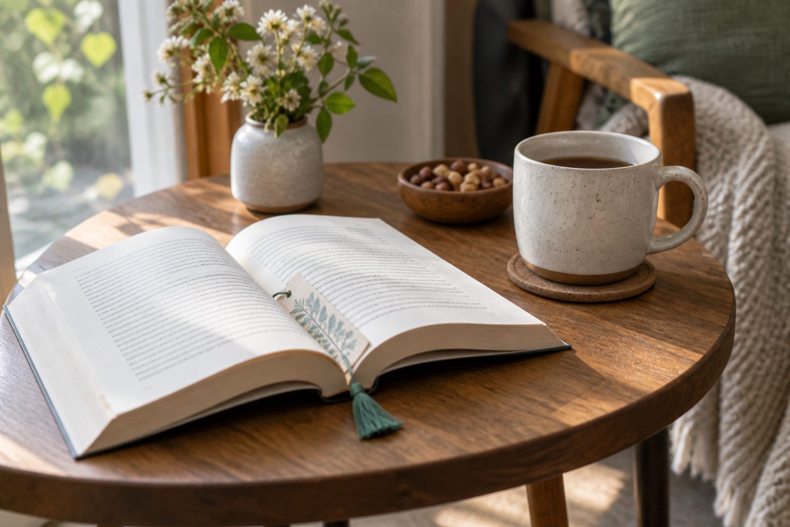 Un livre ouvert, un marque-page et une tasse sur une table de lecture.