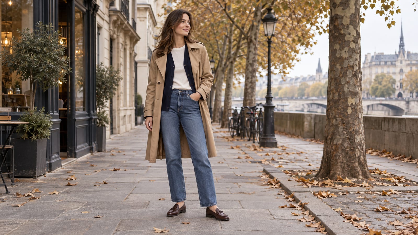 Une femme associe un haut ivoire, un cardigan marine et un trench camel avec un jean droit.