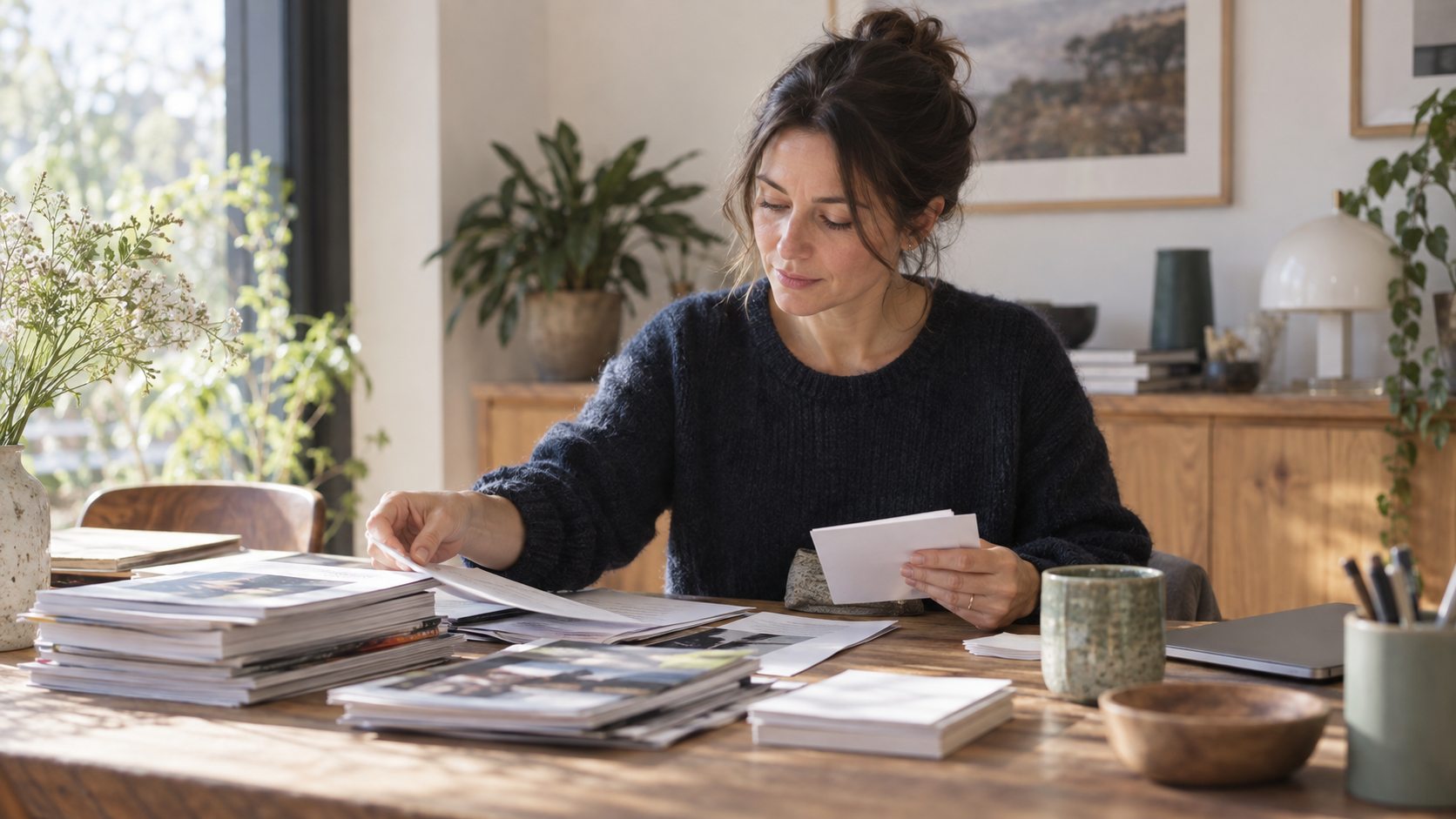 Une personne trie calmement des magazines et des fiches sur une table.