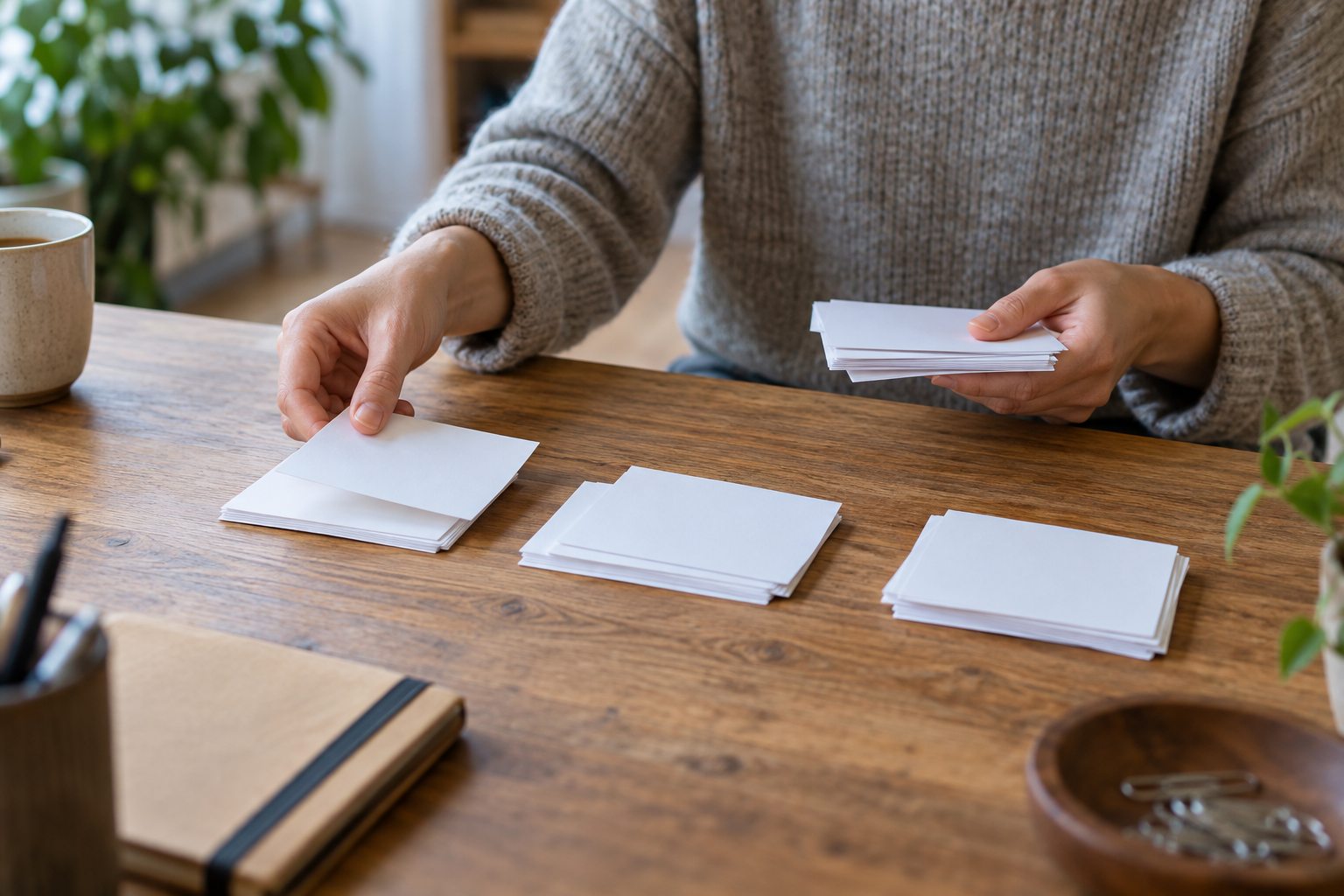 Des mains séparent des cartes vierges en plusieurs piles distinctes.