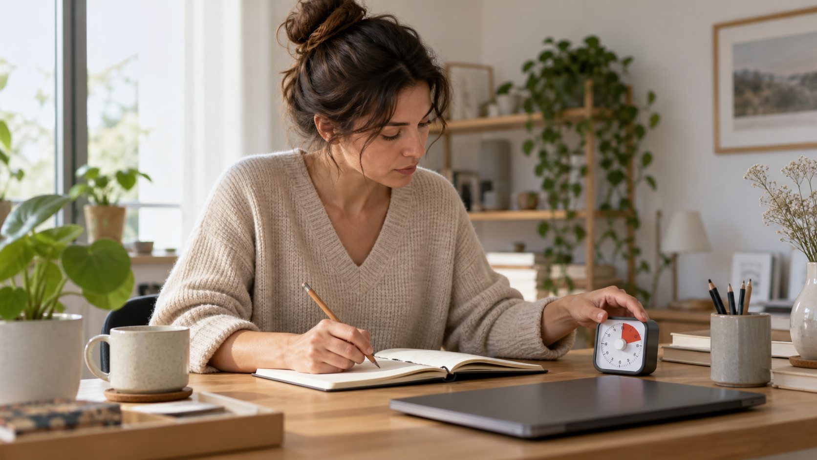 Une personne prépare sa journée avec un carnet et un minuteur à son bureau.