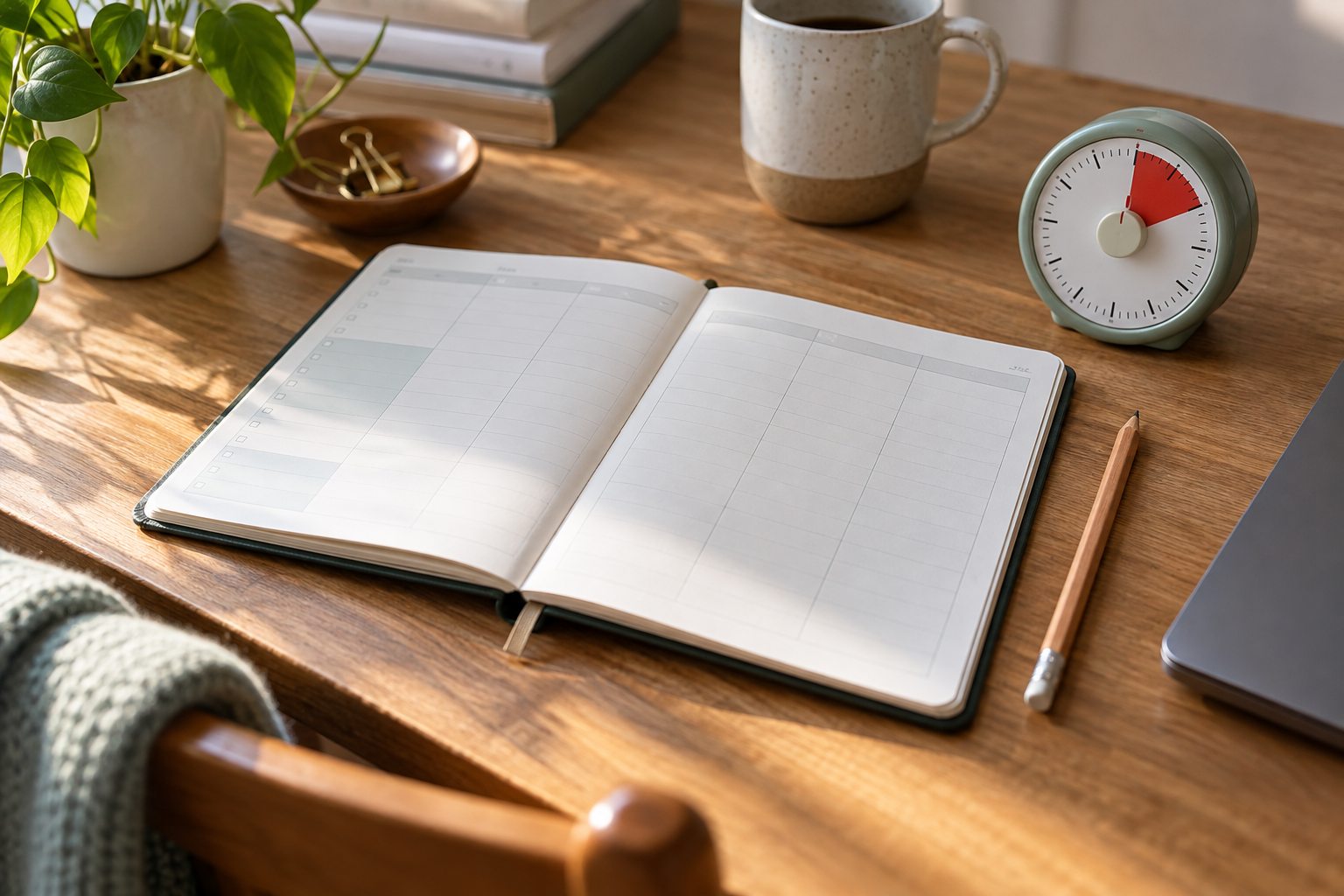 Un agenda sans texte lisible, un crayon et un minuteur analogique.