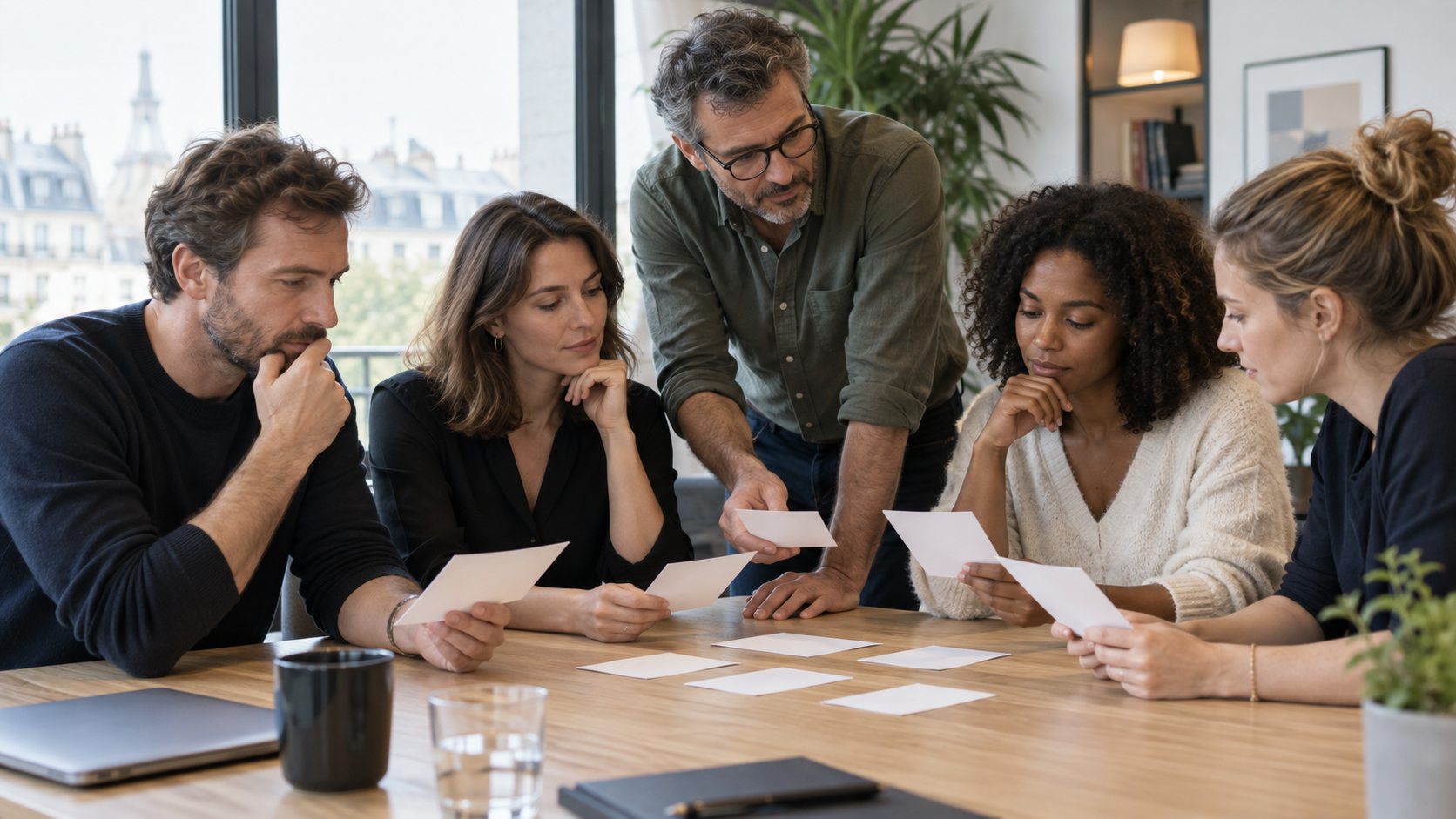 Une petite équipe examine ensemble des options sur une table de réunion.