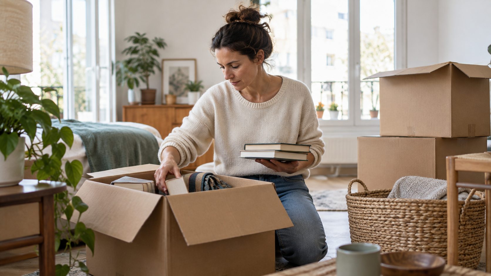 Une personne trie des affaires près de cartons de déménagement sobres.