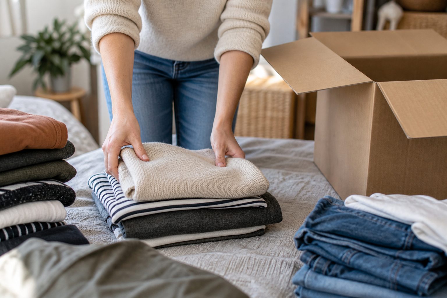 Des mains plient des vêtements et les répartissent près d’un carton ouvert.