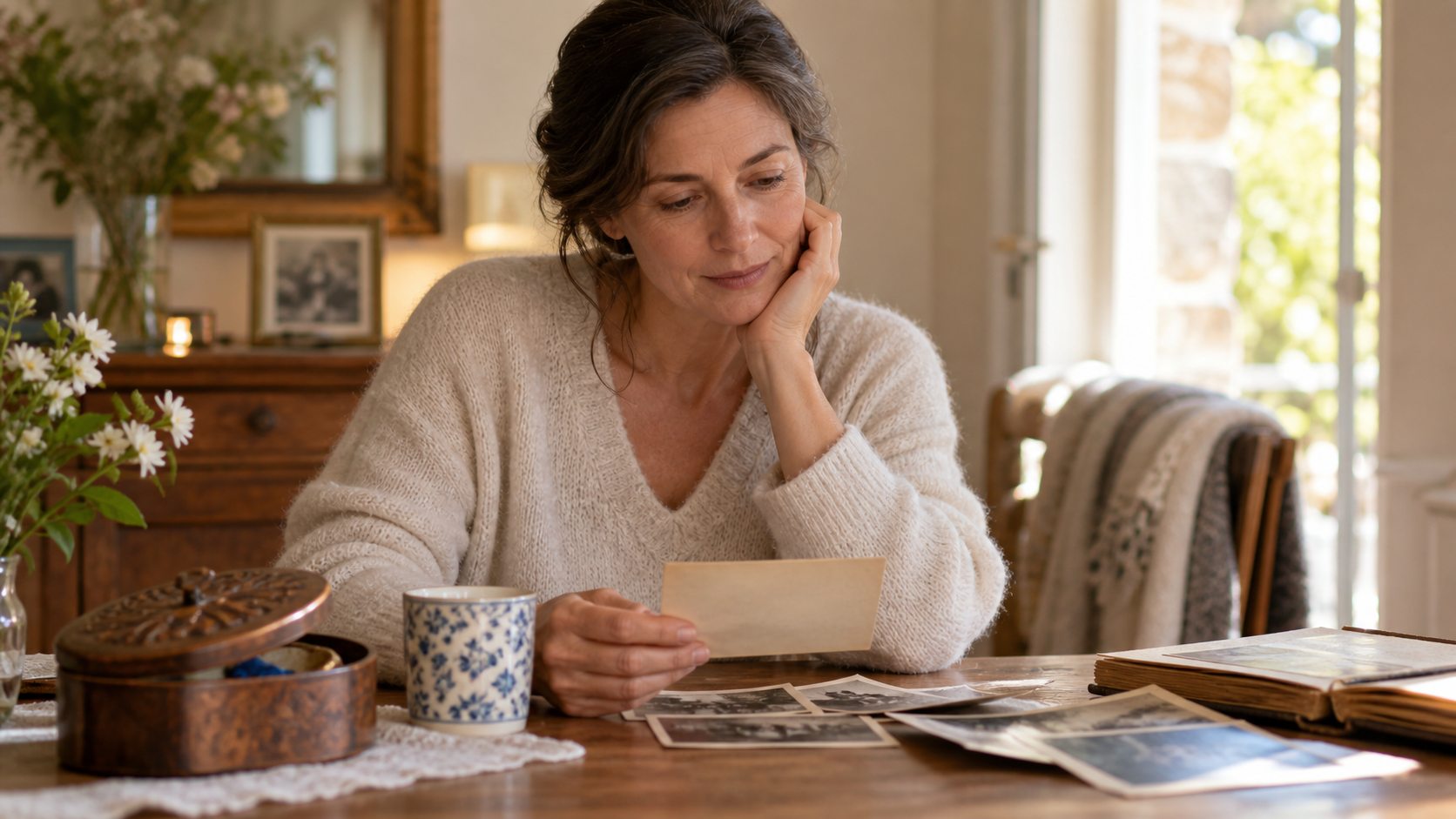 Une personne regarde avec calme quelques objets de souvenir sur une table.