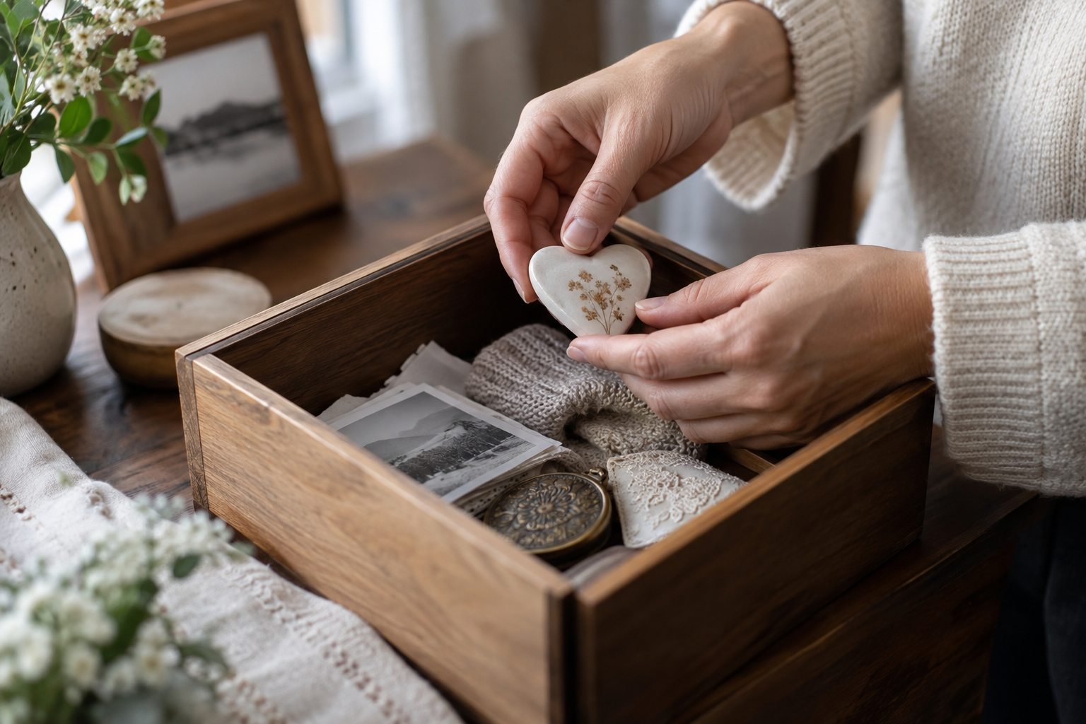 Des mains déposent un petit souvenir dans une boîte de conservation.