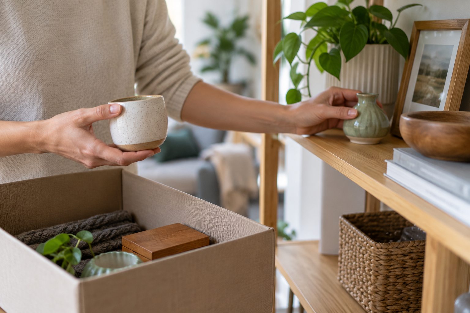 Des mains répartissent de petits objets entre une boîte et une étagère.
